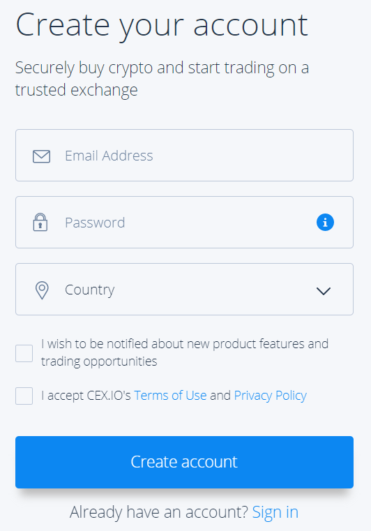 CEXio Sign Up Page