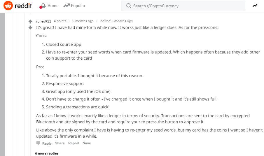 CoolWallet Reddit Comment 1