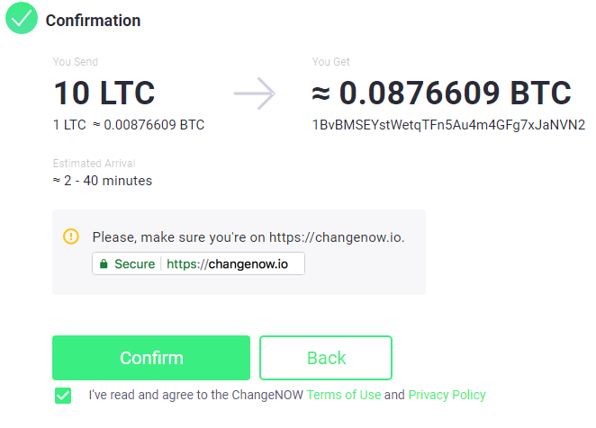 ChangeNOW Buy BTC Step 3