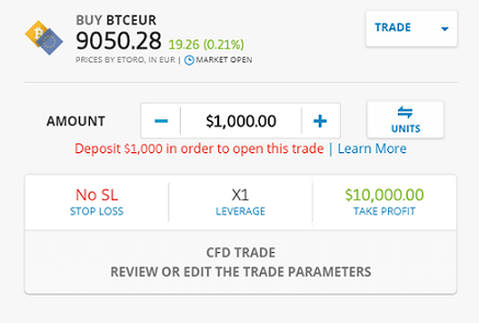 eToro Platform - Buy BTCEUR CFD Screen