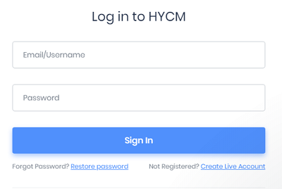 HYCM Log In Screen