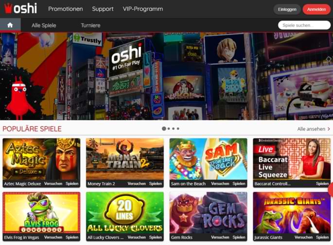 Oshi Casino Startseite Screenshot