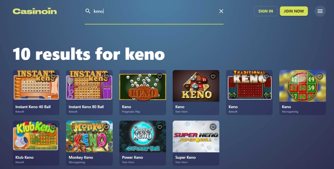 Casinoin Keno Games selection