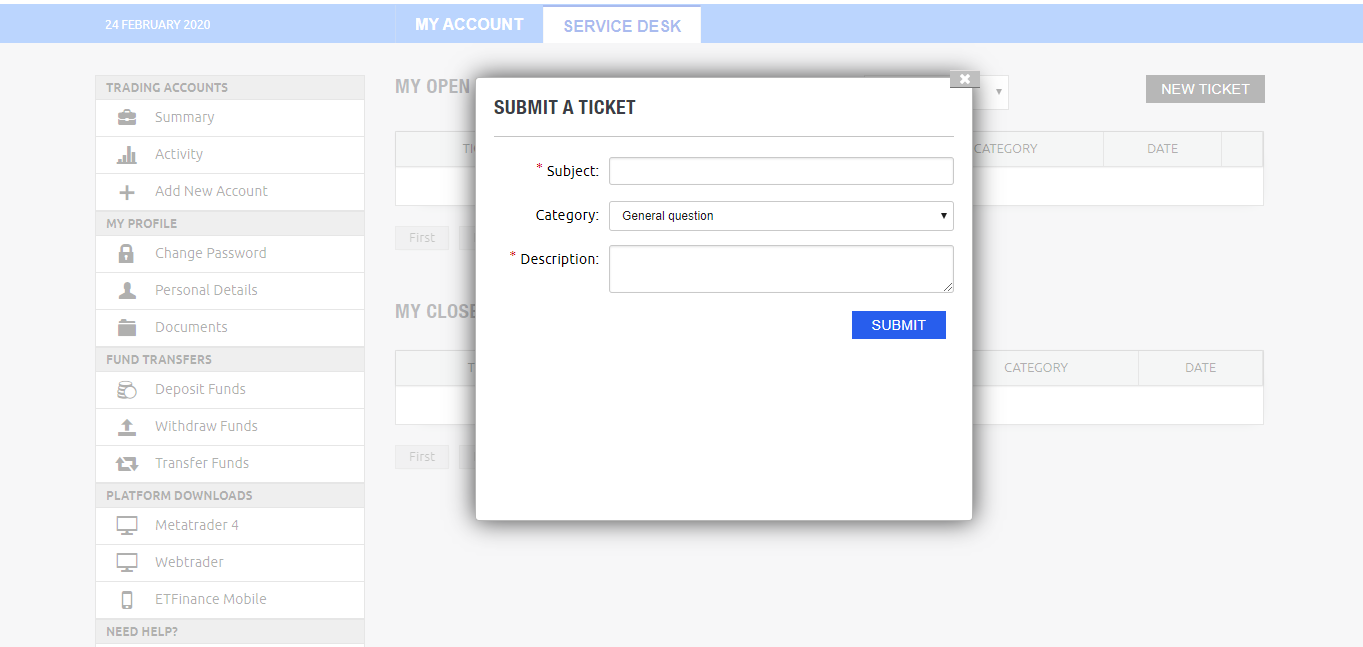 ETFinance - Submit a Ticket