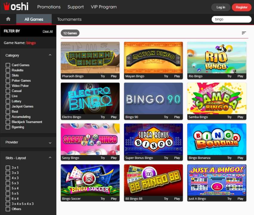 oshi casino bingo games section