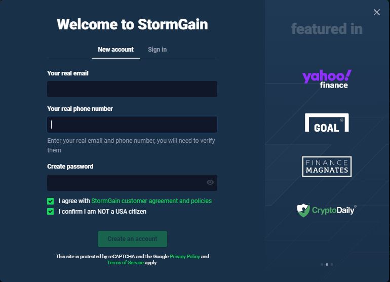 StormGain review - Sing up