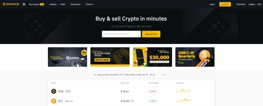 Binance landing page