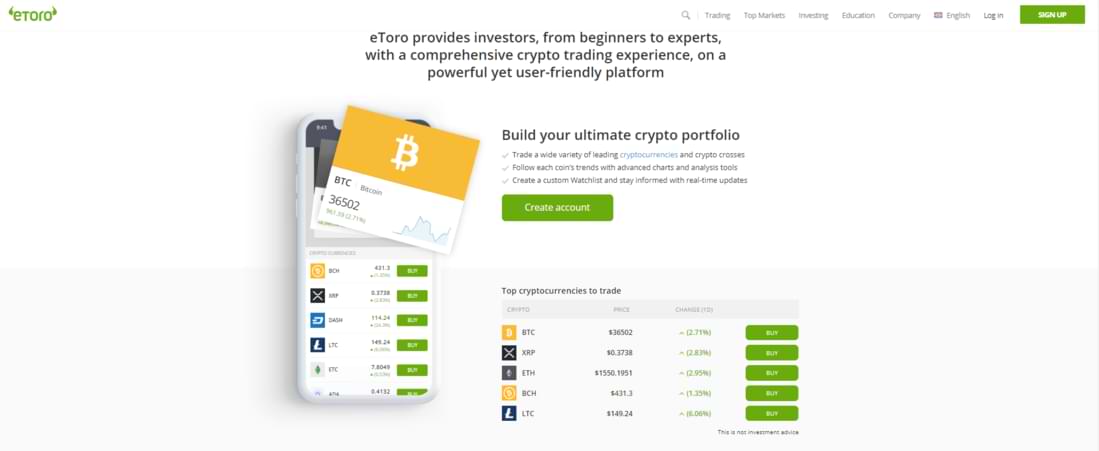 Bitcoin trading landing on eToro