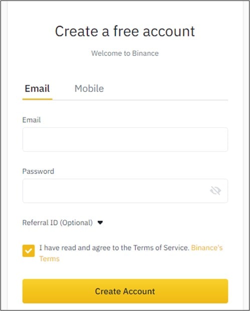 Binance account creation