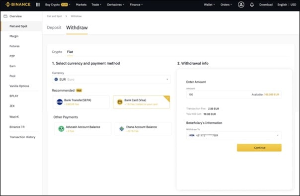 Withdraw funds on Binance