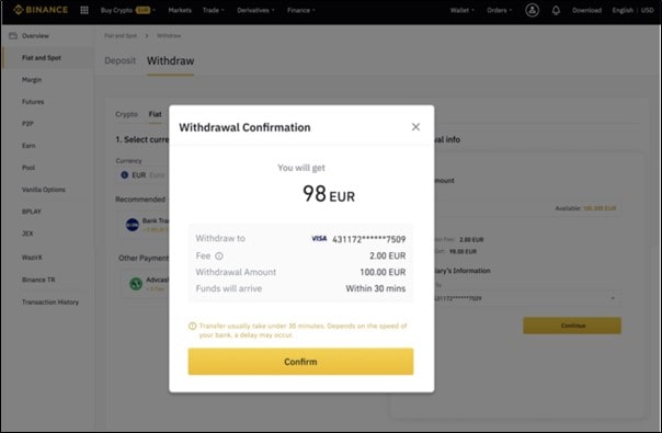 Withdrawal confirmation