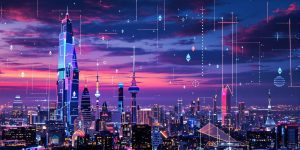 Futuristic skyline with digital elements and neon colors.