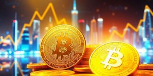 Vibrant Bitcoin coins against a futuristic skyline.