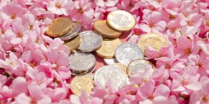 Japanese coins and cherry blossoms.