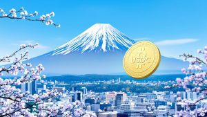USDC coin above Japanese cityscape with Mount Fuji