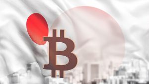 Japanese flag and Bitcoin symbol with cityscape background.